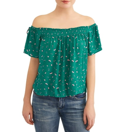 Off Shoulder Smock - Juniors' Floral Printed Smocked Off the Shoulder Blouse