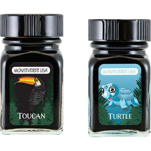 Monteverde 60ml Ink, Toucan (Black), Turtle (Turquoise) Jungle Ink (G309TC, G309TU) Fountain Pen Ink (30ml Each Ink Bottle, 2 Pack)