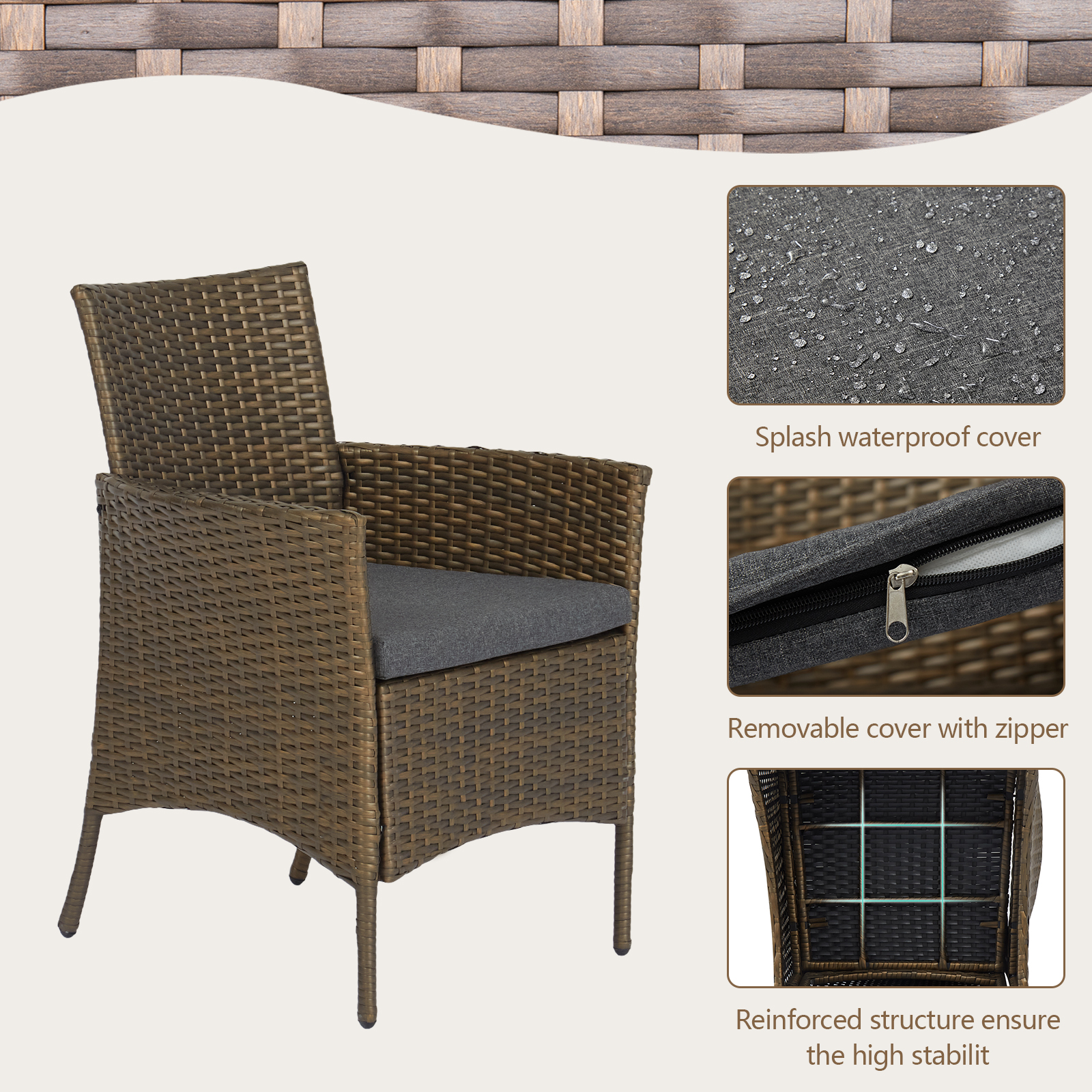 Kinbor 3pcs Rattan Wicker Chair Set with Side Table, Dark Grey - image 3 of 7