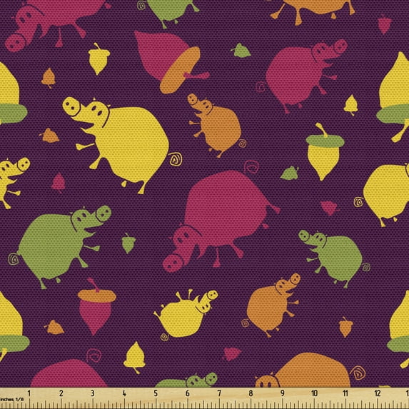 Acorn Fabric by the Yard, Pigs and Acorns in Cartoon Style Autumn Themed Illustration, Upholstery Fabric for Dining Chairs Home Decor Accents, 10 Yards, Purple Multicolor by Ambesonne