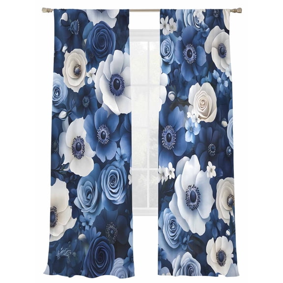 Blue Flower Sheer Curtains 84 Inch Long 2 Panels, Spring White Floral Pastoral Light Filtering Rod Pocket Semi Sheer Curtains, Sheer Voile Drapes for Living Room Bedroom, 52"x84"
