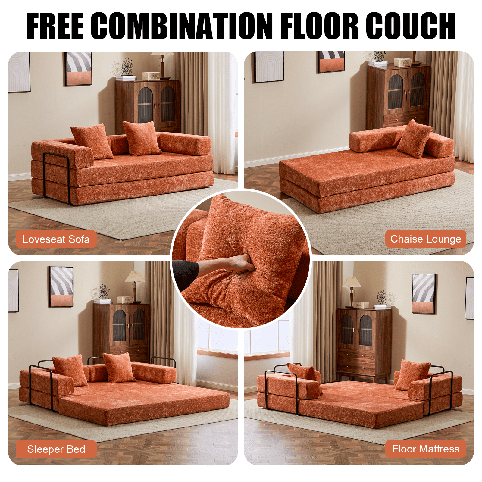 BSHTI Convertible Sofa Bed with Pillows, Chenille Folding Floor Sofa, High Rebound Density Sponge Boneless Couch for Living Room Bedroom Apartment Office, No Assembly Required, Orange