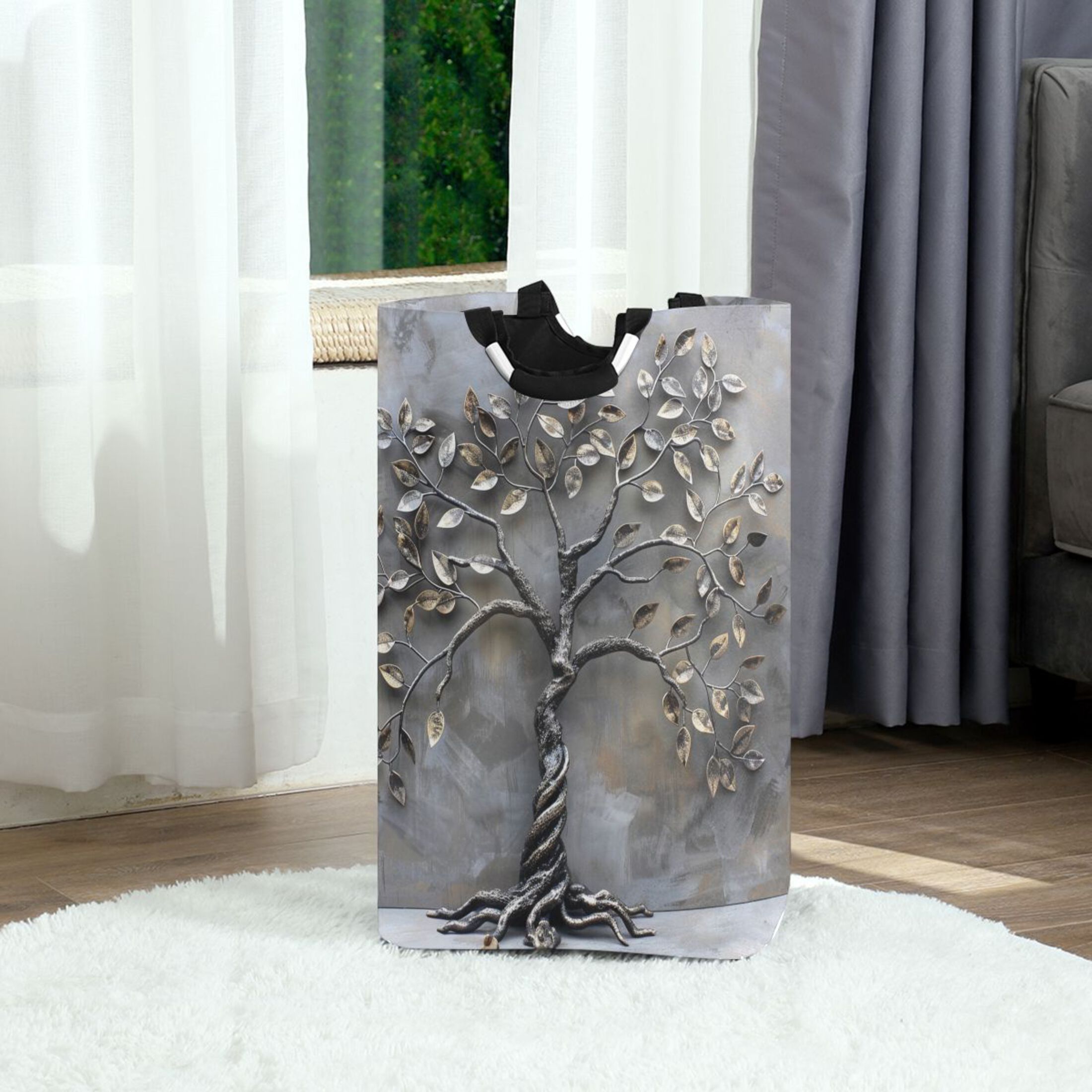 Metal Tree Laundry Basket with Handles Foldable Laundry Hamper Freestanding Washing Bin 50L