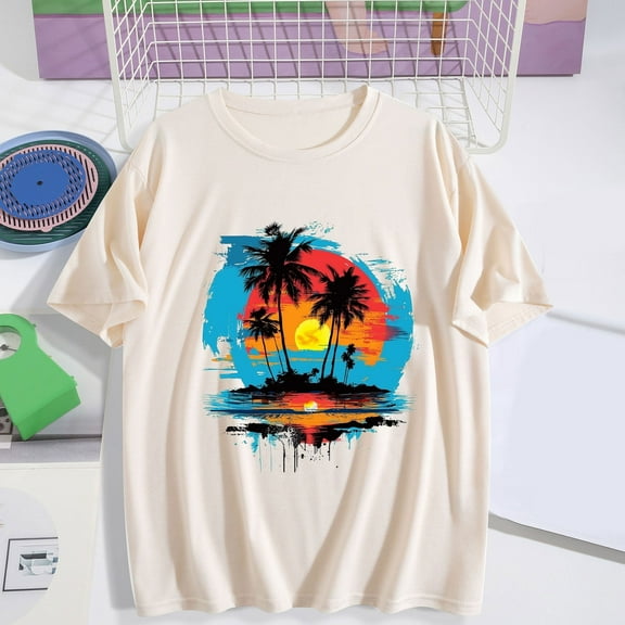 Aboser Hawaiian Shirts for Women Trendy Palm Tree Graphic T Shirt Loose Short Sleeve Tshirt Beach Vacation Tops Lightweight Crew Neck Blouses