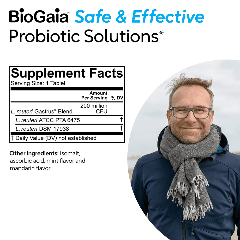 BioGaia Gastrus Stomach Health Probiotic 950mg Mandarin Flavoured Chewable Tablets, 30 ea, 2 Pack
