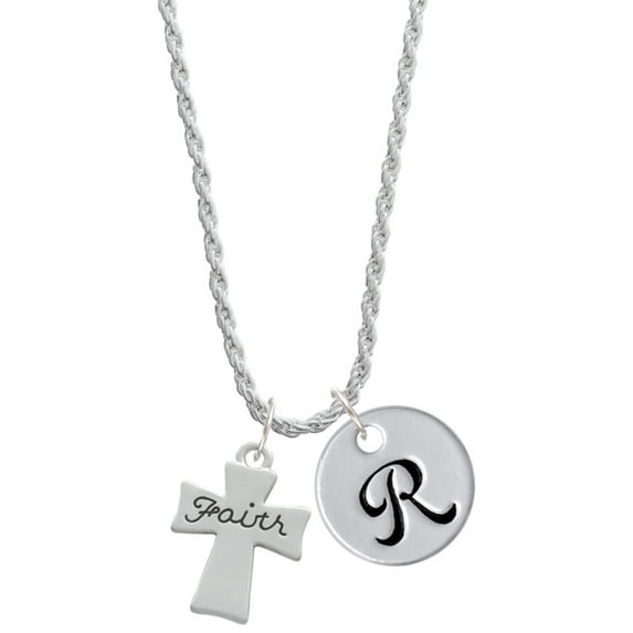 Delight Jewelry Silvertone Faith Flat Cross Silvertone Script Initial Disc - R - Charm Necklace, 20"+3"