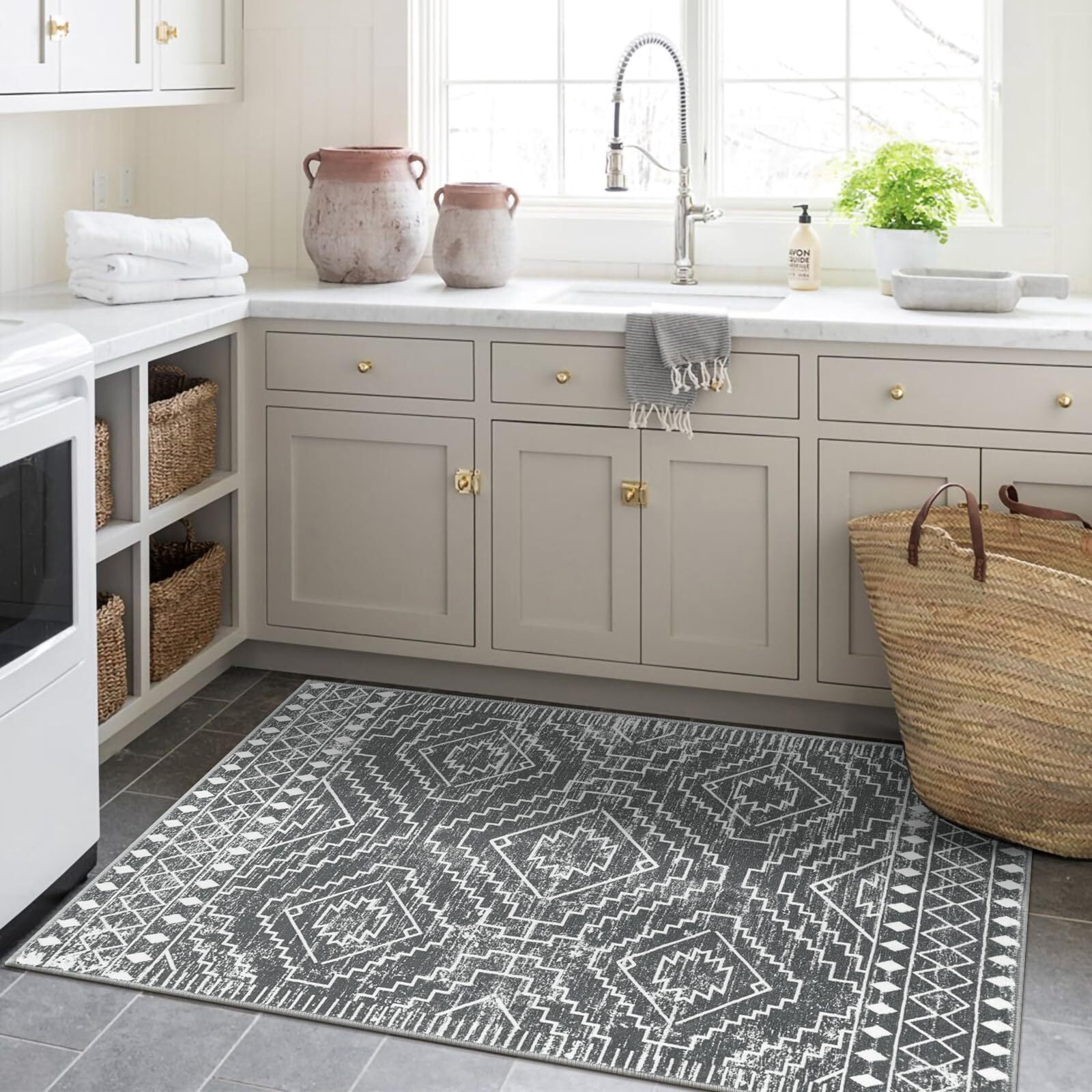 Lahome 3'x5'Washable Area Rug, Boho Living Room Rug, Non-Slip Farmhouse Rustic Bedroom Throw Mat, Non-Shedding Soft Geometric Floor Carpet for Kitchen Entry Office,Dark Grey