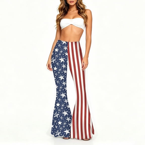 Zysthvn Summer Womens Pants Casual Flared Wide Leg Independence Day Lightweight Women Trousers American Flag Slim Fit Elastic Waist Patriotic
