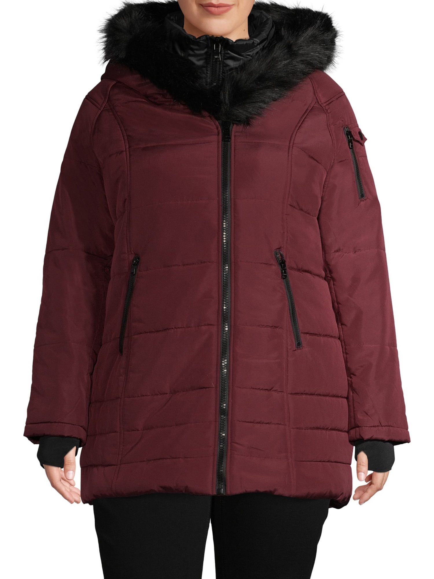 30 First Women's Plus Size Asymmetrical Puffer Coat with Faux Fur Hood