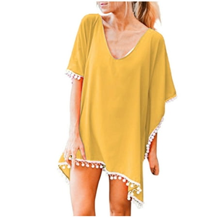 asdoklhq Bathing Suit Cover Up for Women Trim Kaftan Chiffon Tassels Swimwear Beach Loose Bikini Cover Up Tops
