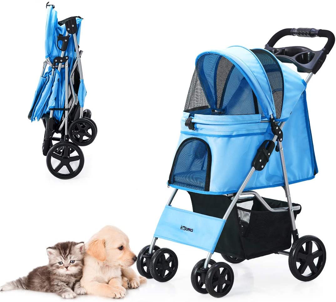 Pet Stroller 4 Wheel Cat & Dog with Storage Basket Foldable Lightweight