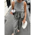 thumbnail image 3 of Womens 2 Piece Gingham Plaid Set Sleeveless Ruffle Tank Top Wide Leg Pants Summer Matching Lounge Outfits, 3 of 8