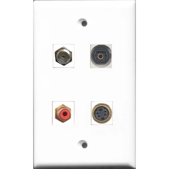 RiteAV 1 Port RCA Red and 1 Port Coax Cable TV- F-Type and 1 Port S-Video and 1 Port Toslink Wall Plate