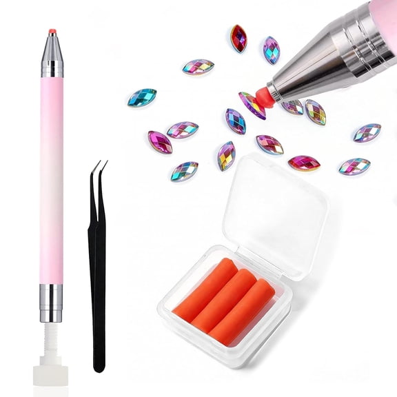 KASIU Rhinestone Picker Tool Refillable Diamond Art Pens with 6 Wax Refills,Tweezers,Bedazzling Wax Pen Nail Dotting Tool for Diy Nail Art,Diamond Painting (Pink)