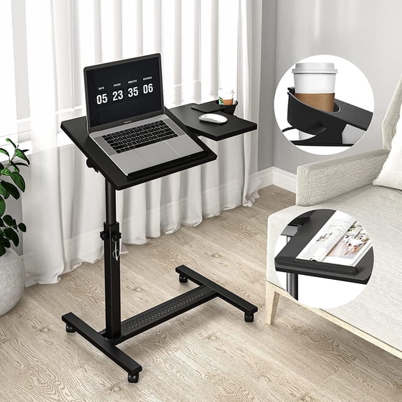 VividGreen Overbed Bedside Table with Wheels, Height Adjustable Mobile Desk, with Cup Holder for Home & Office, Black