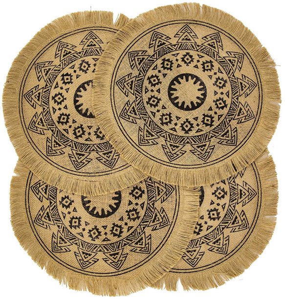 Boho Round Placemats Set of 4, Jute Linen with Macrame Table Mats for