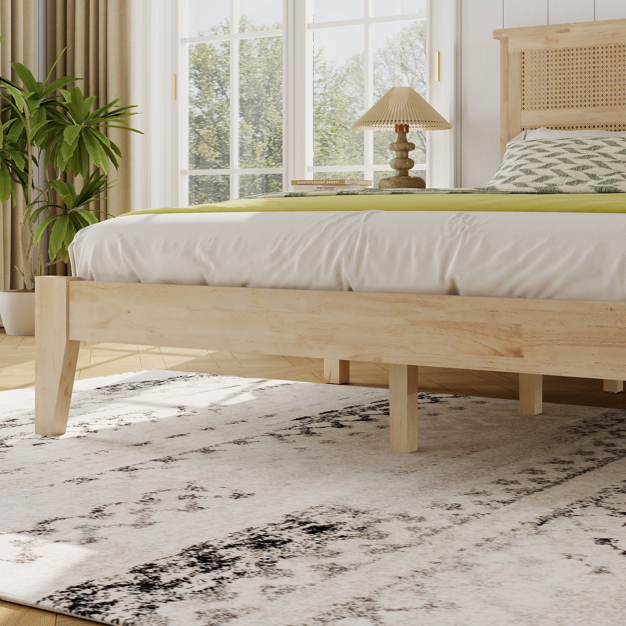 Full Size Solid Wood Bed with Rattan Headboard, Rubber Wood Bed Frame with Central Support Beams and 8 Inch Underbed Storage for Bedroom, Natural, 78.7x57.3x40.8 Inch