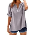 thumbnail image 2 of Cmfcve Cotton Linen Shirts for Women Summer Short Sleeve V-Neck Button Down Tops Dressy Casual Oversized Gauze Tshirts, 2 of 6