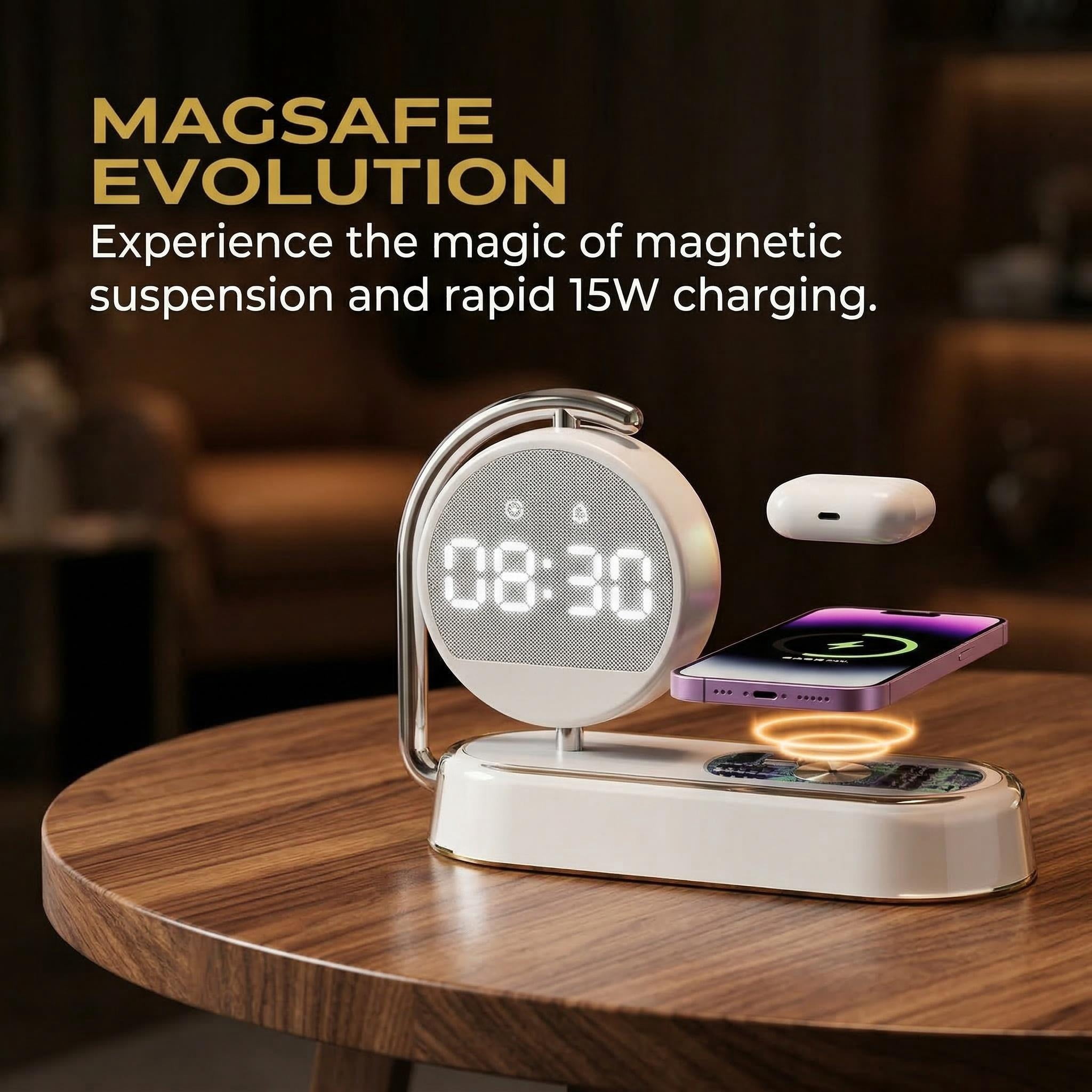 15W Wireless Charger Alarm Clock – Multifunctional night light with 360° rotatable display, 3500K eye-care warm light, touch control, alarm. Includes Type-C cable, safe for bedside desk charging