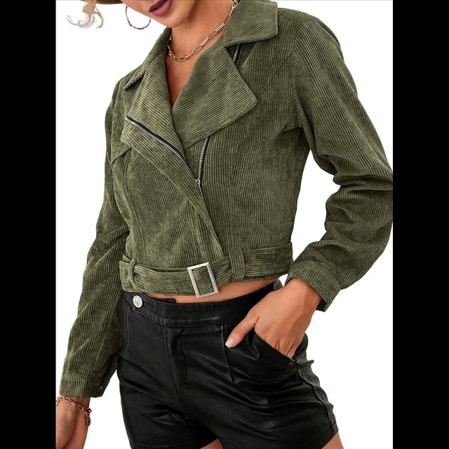 Chaqueta Corta de con Cinturón para Mujer, Chaqueta de Moto, Abrigo Verde L