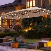 Ainfox 13ft Large Patio Umbrella with Solar Lights, Outdoor Double-Sided Rectangle Market Heavy Duty Umbrellas without Base,Khaki