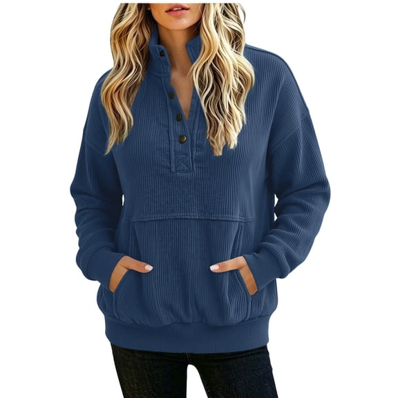 Ohufall Warm Winter Casual Wear Women's Corduroy Sweatshirt, 1/4 Snap Mock Neck Long Sleeve Oversized Pullover Top With Pockets
