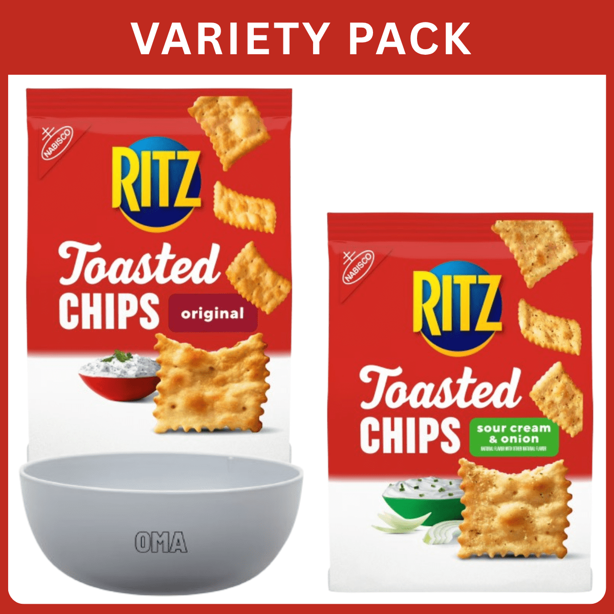 RITZ Toasted Chips Sour Cream & Onion and Original Crackers Snack Bundle 16.2 Oz Total Weight Variety Pack with Bowl by OMA.