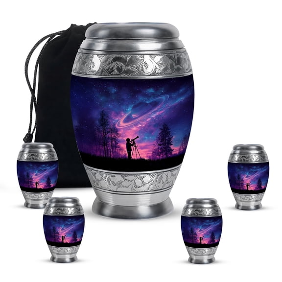 MUKTIVE Telescope Urn for Ashes for Women & Men, Large Blue Urns for Ashes Adult Male & Female, Set of 5 Planet Cremation Urn for Burial in Ground, Funeral Urns for Mom (1 Large, 4 Mini)