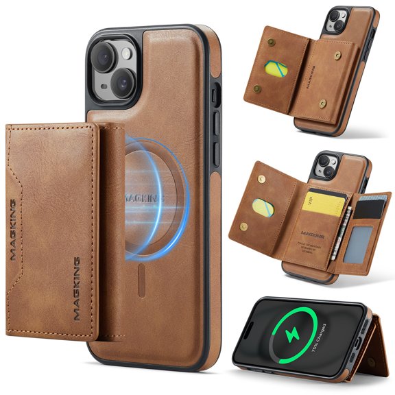 2 in 1 Detachable Magnetic Phone Cases Compatible with iPhone 15 Plus Case with Card Holder RFID Blocking, Compatible with Magsafe Wallet, Vintage PU Leather Protective Cover, Brown