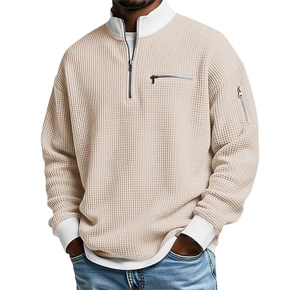 2026 Mens Casual Fashion Up Collar Contrasting Zipper Sweatshirt - Waffle Shirts Quarter Zip Loose Pullover Tops - Lightweight Breathable Knit for Daily & Professional Wear 2026