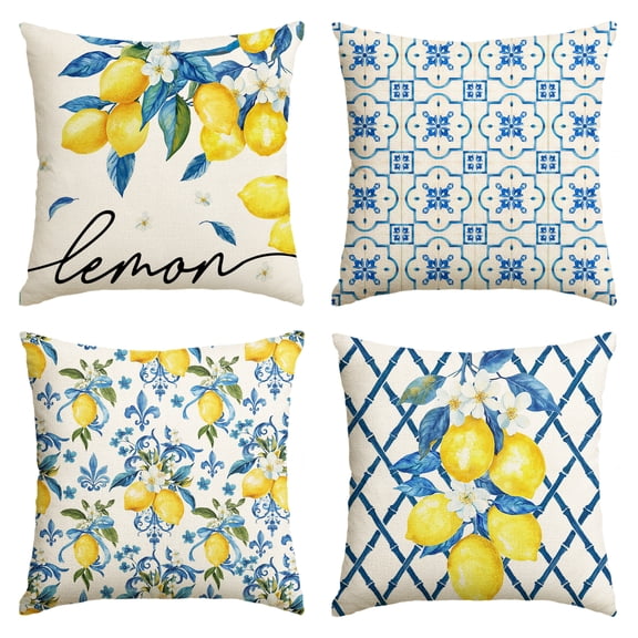 Sm:)e Lemon Pillow Cover for Sofa 18x18 Inch Set of 4, Bule Diamond Check, Beige