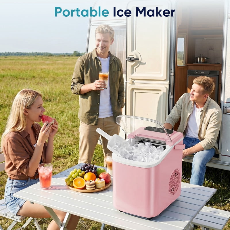 Gianna Ice Maker, Nugget Ice Makers Countertop, Portable Handle, 26lbs Daily, 9 Bullet Cubes in 6~8 Mins, Self-Cleaning with Basket and Scoop for Home，Kitchen，Pink