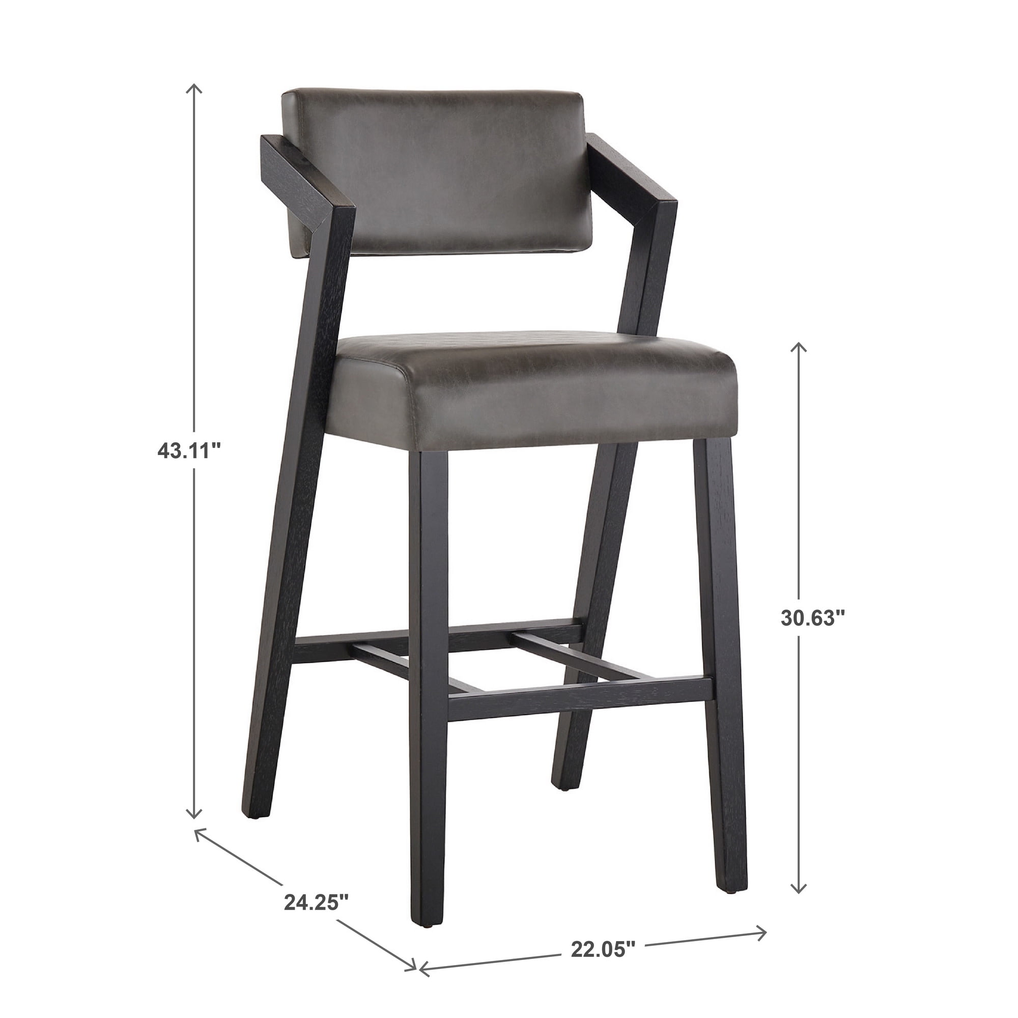 Weston Home Billings Bar Height Chair, Black Wash Frame & Charcoal Vegan Leather Finish