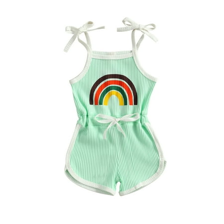 

Toddler Baby Girls Soft Sleeveless Playsuit Rainbow Printed Pattern Off-the-shoulder Suspender Casual One-piece Jumpsuit