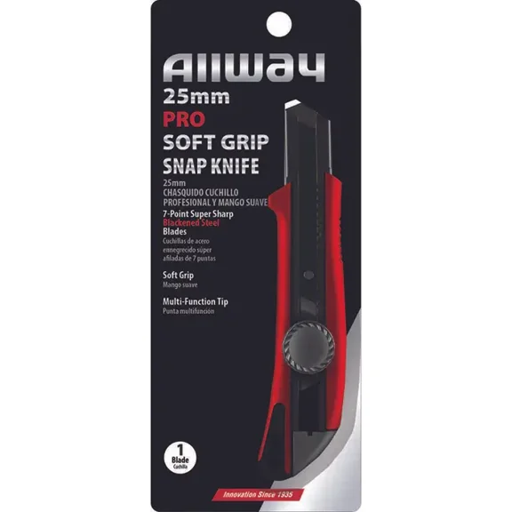 25mm Allway SK25B Red/Black K-Series Heavy Duty Pro Wheel Lock Blackened Steel Snap Knife with 7-Point Snap-Off Blade