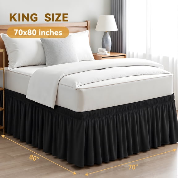 90GSM Heavyweight No-Lift Fit Bed Skirt for King/Cal King, 18" Drop with Elastic Belt, Stain & Wrinkle Resistant, Hides Under-Bed Clutter, Black