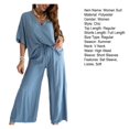 thumbnail image 7 of Xioeram 2 Pcs/Set Women Top Pants Set High Waist Solid Color Wide Leg Pleated Trousers V Neck Bat Sleeve Loose T-shirt Casual Commute Outfit Blouse Pants Set, 7 of 7