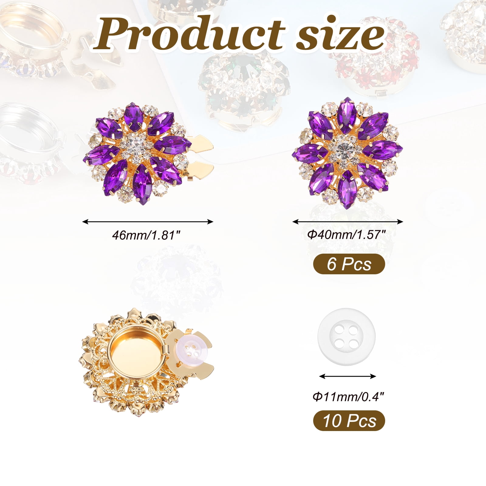 6 Pcs Rhinestone Button Covers Decorative Clips with 10 Pcs White Sewing Buttons Detachable Marquise Sewing Replacement for Women Men DIY Crafts Accessories (Purple Blue/Gold)