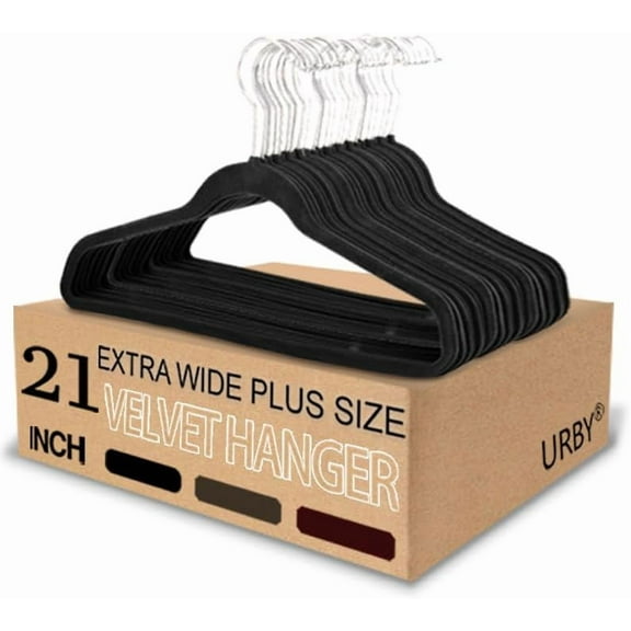 URBY 24pcs Extra Wide Velvet Hangers 21 Inch for Plus Size Clothes, Black