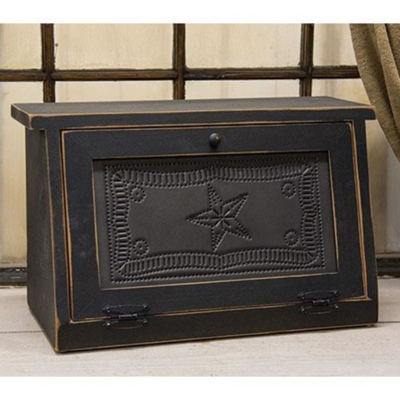 New Primitive Farmhouse WHITE PUNCHED TIN STAR WOOD BREAD BOX Shelf Cabinet 