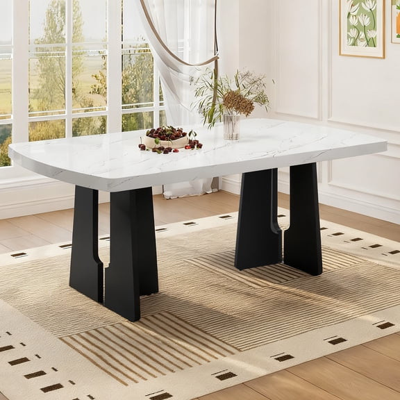 63" Modern Faux Marble Dining Table with Geometric Legs, White Black