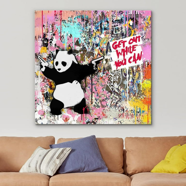 IDEA4WALL Canvas Print Wall Art Panda with Guns Banksy Spray Paint