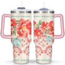 40oz Pioneer Colorful Floral Stainless Steel Flip Straw Tumbler with Lid and Straw Spill Proof Travel Cup Double Wall Vacuum Insulated Coffee Mug with Handle Pink