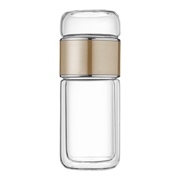 Botella infusora de té de vidrio, vaso para té, taza con doble pared para separar té y agua. Dorado champagne