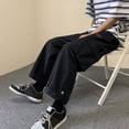 thumbnail image 2 of Men Solid Cargo Pants Straight Cylinder Loose Leg Waist Drawcord Street Trousers, 2 of 11