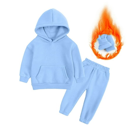 

Yubatuo Medium And Large Boys And Girls Solid Color Fleece Sweater Trousers Suit Blue 150
