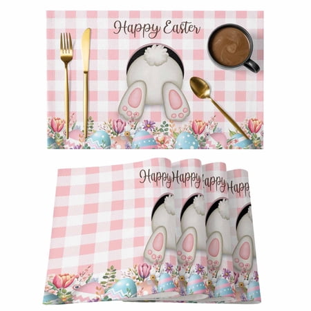Easter Rabbit Tail Placemats Set of 6 Spring Floral Leaf Watercolor Easter Eggs Pink Plaid Non-Slip Place Mats Washable Table Mats for Kitchen Dining Table Decorations Indoor/Outdoor