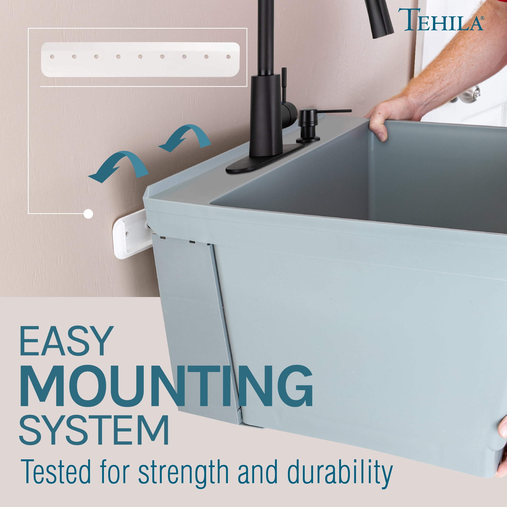 Tehila Gray Wall-Mounted Utility Sink with Matte Black Pull-Down Faucet