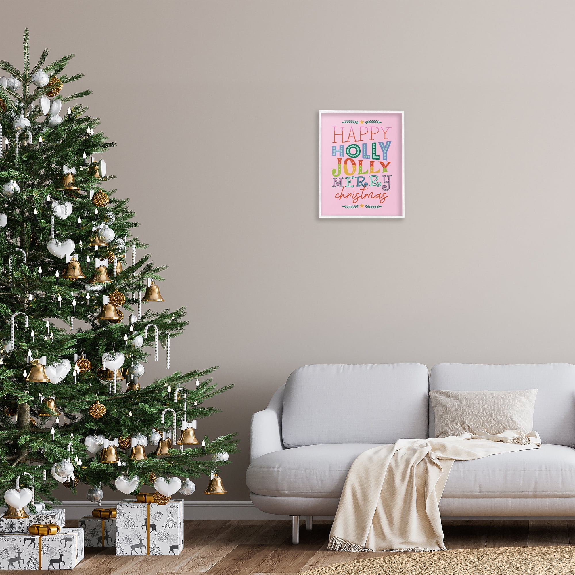 Stupell Industries Happy Holly Jolly Xmas Holiday Painting White Framed Art Prints Wall Art, 16 x 20