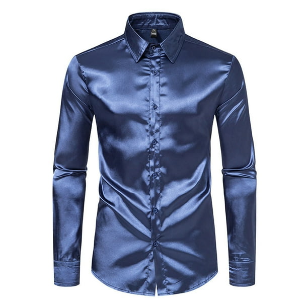 Camisas s Para Hombre Interior Camisa de manga larga de saten liso de tendencia de moda para hombre Navy XL Walmart en linea